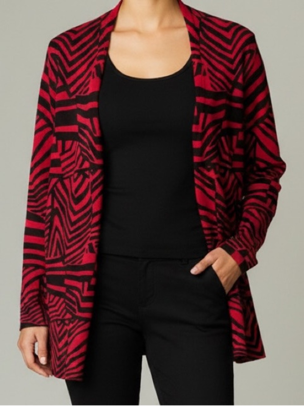 Chico’s Size 2 Medium Red Black Geometric Abstract Print Open Cardigan